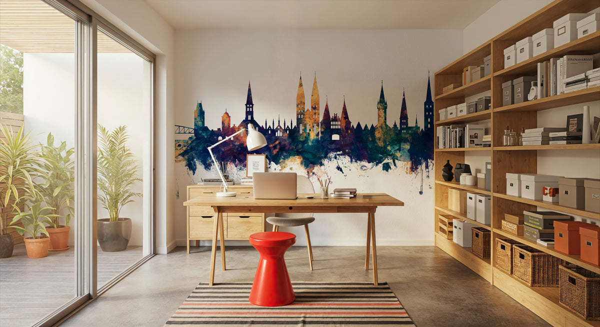 Lubeck Germany Skyline Blue & Bronze Mural Wallpaper - room preview 03