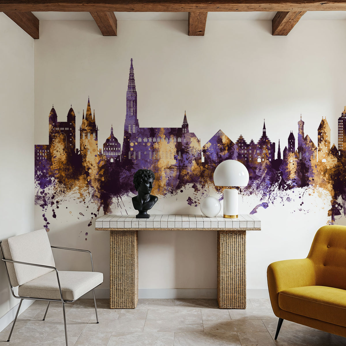 Ulm Germany Skyline Purple & Gold Mural Wallpaper - room preview 03