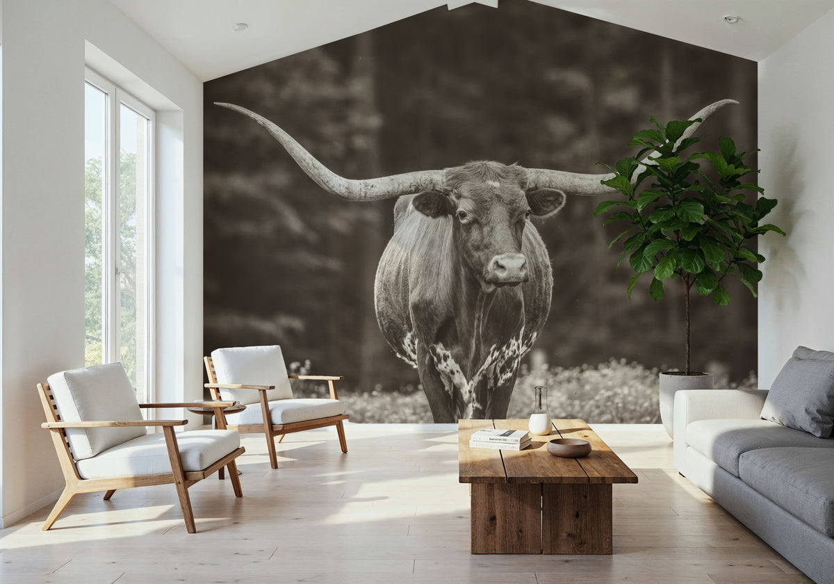 Longhorn Flowers Sepia Mural Wallpaper - room preview 03