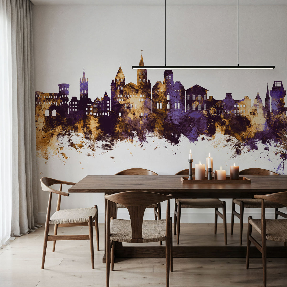 Trier Germany Skyline Purple & Gold Mural Wallpaper - room preview 03