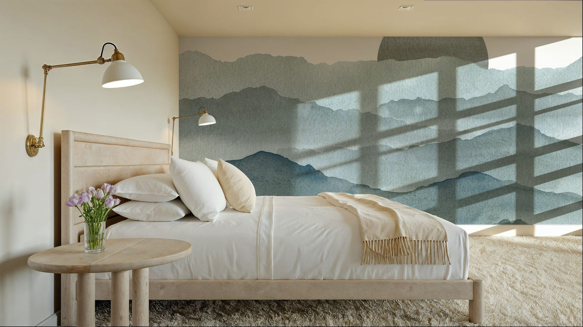 Sunrise Mountain View, Teal Mural Wallpaper - room preview 03