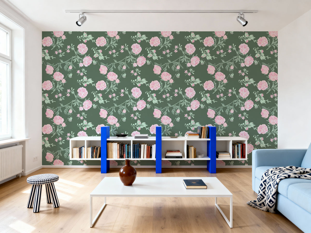 Peony Passion, Green Mural Wallpaper - room preview 03