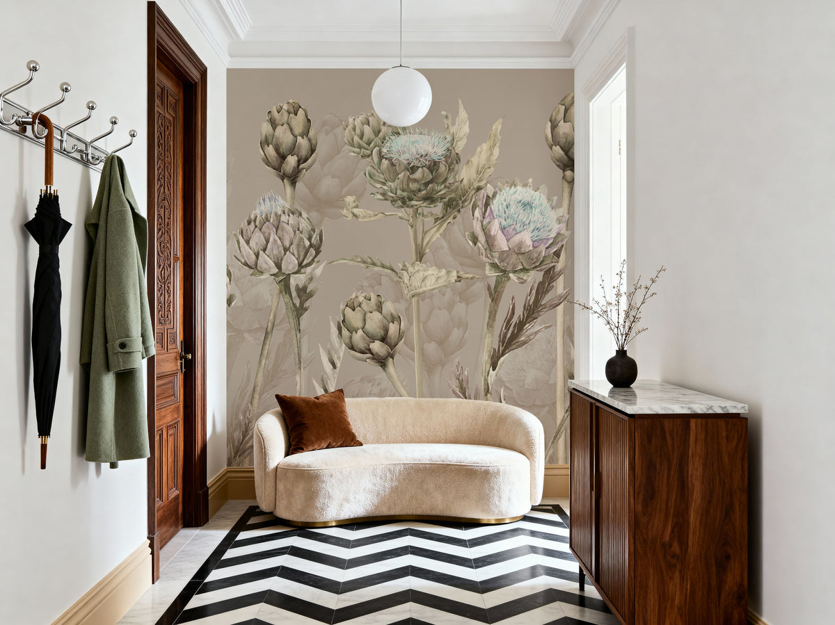 Artichoke Blooms, Mocha Mural Wallpaper - room preview 03