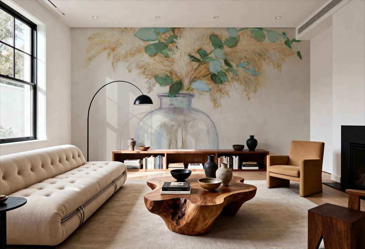 Pampas and Eucalyptus Bouquet Mural Wallpaper - room preview 03