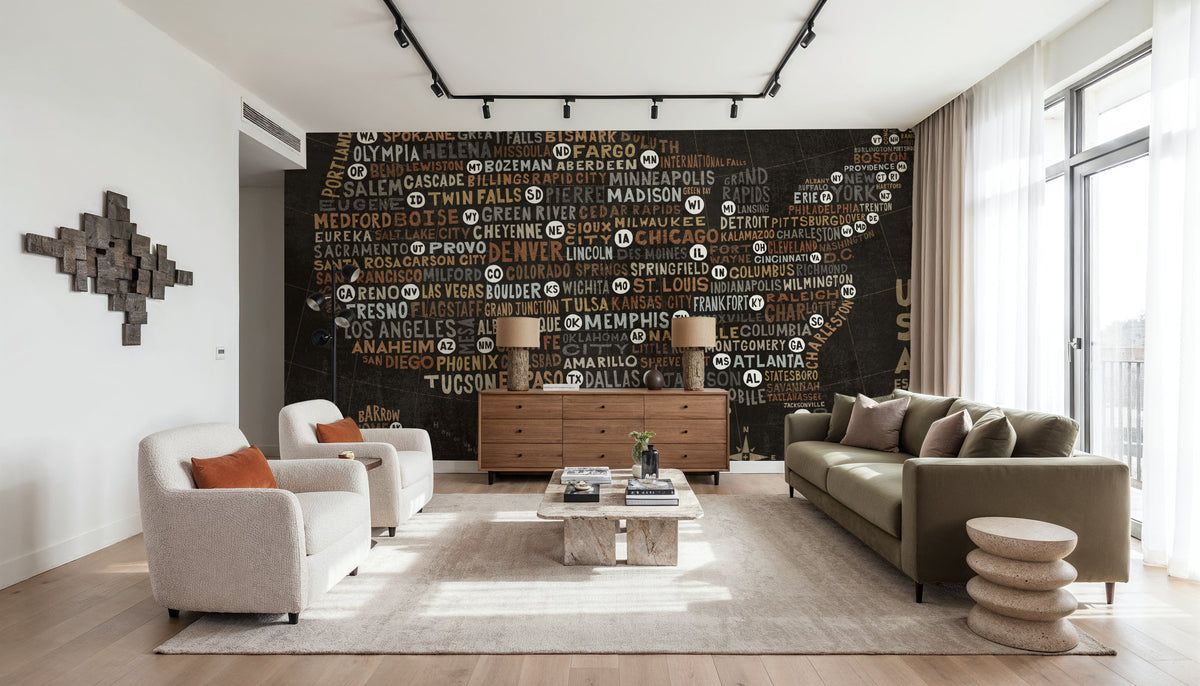 US City Map Black Mural Wallpaper - room preview 03