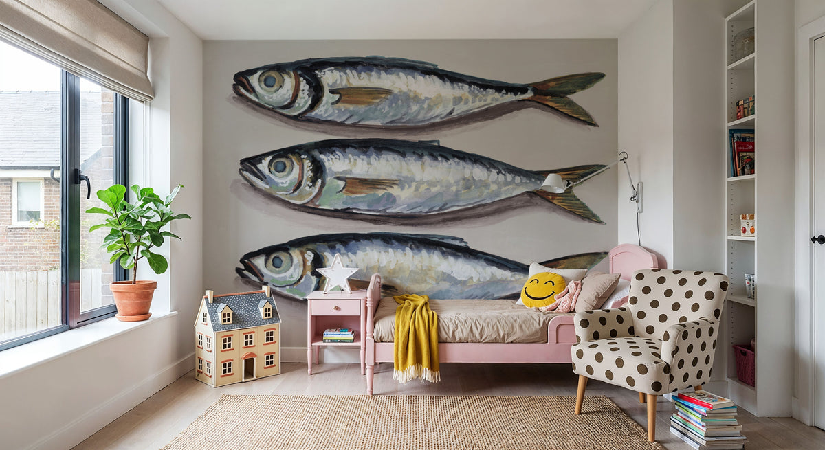 Three Little Fishies Neutral Mural Wallpaper - room preview 03