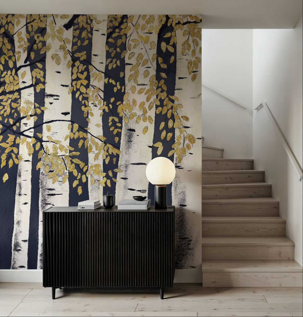 Fresh Forest Indigo Gold Mural Wallpaper - room preview 03