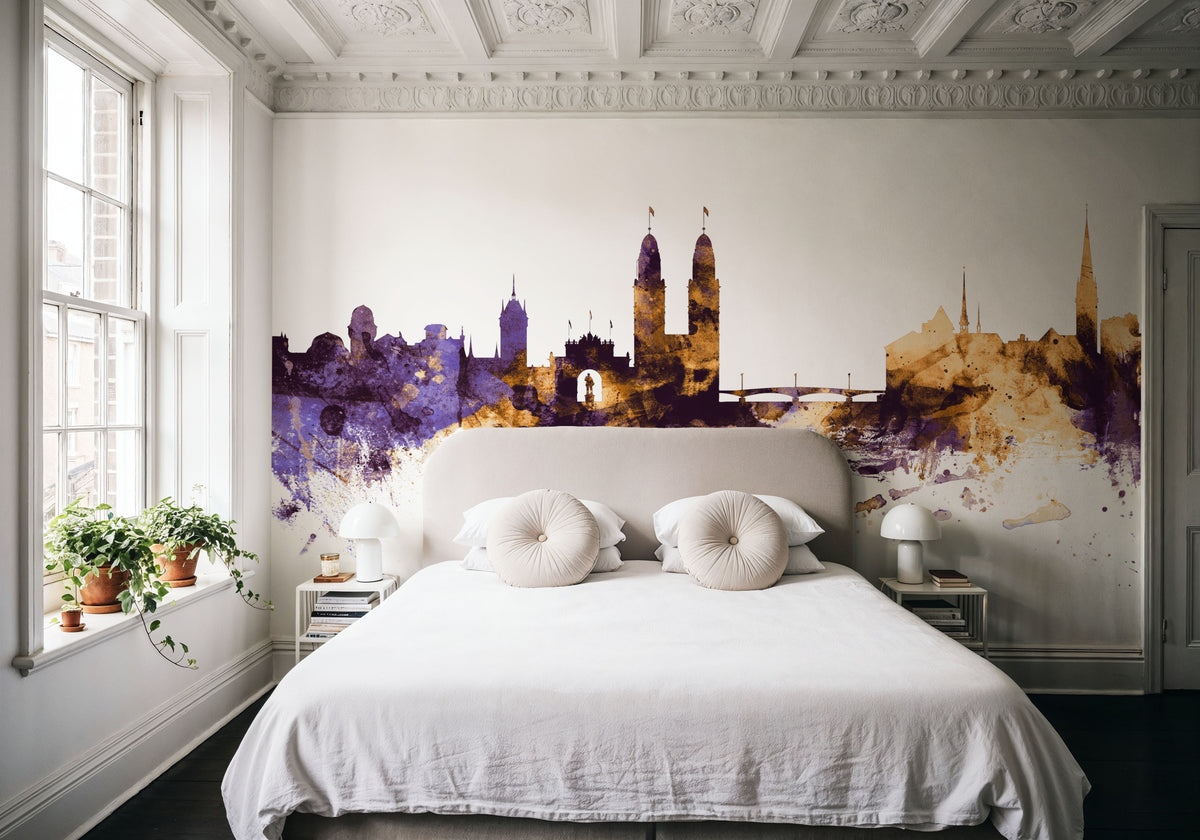 Zurich Switzerland Skyline Purple & Gold Mural Wallpaper - room preview 03