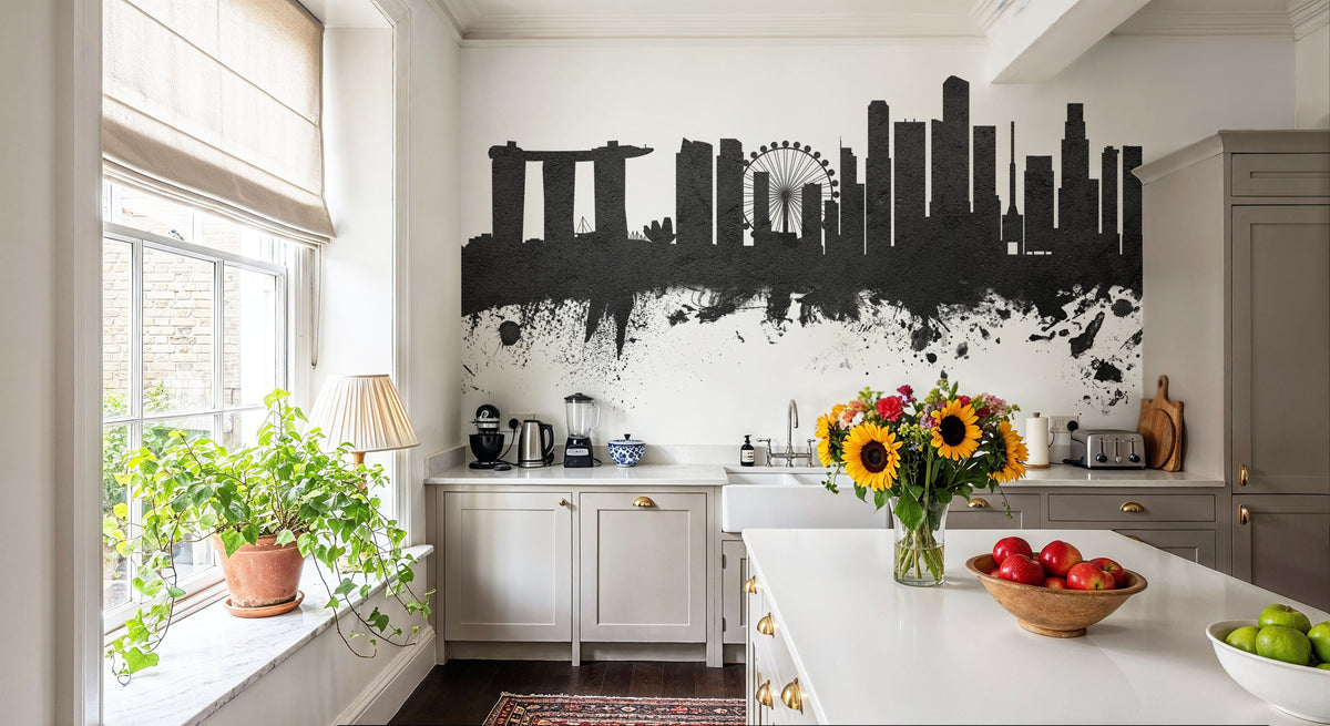 Singapore Skyline Black & White Mural Wallpaper - room preview 03