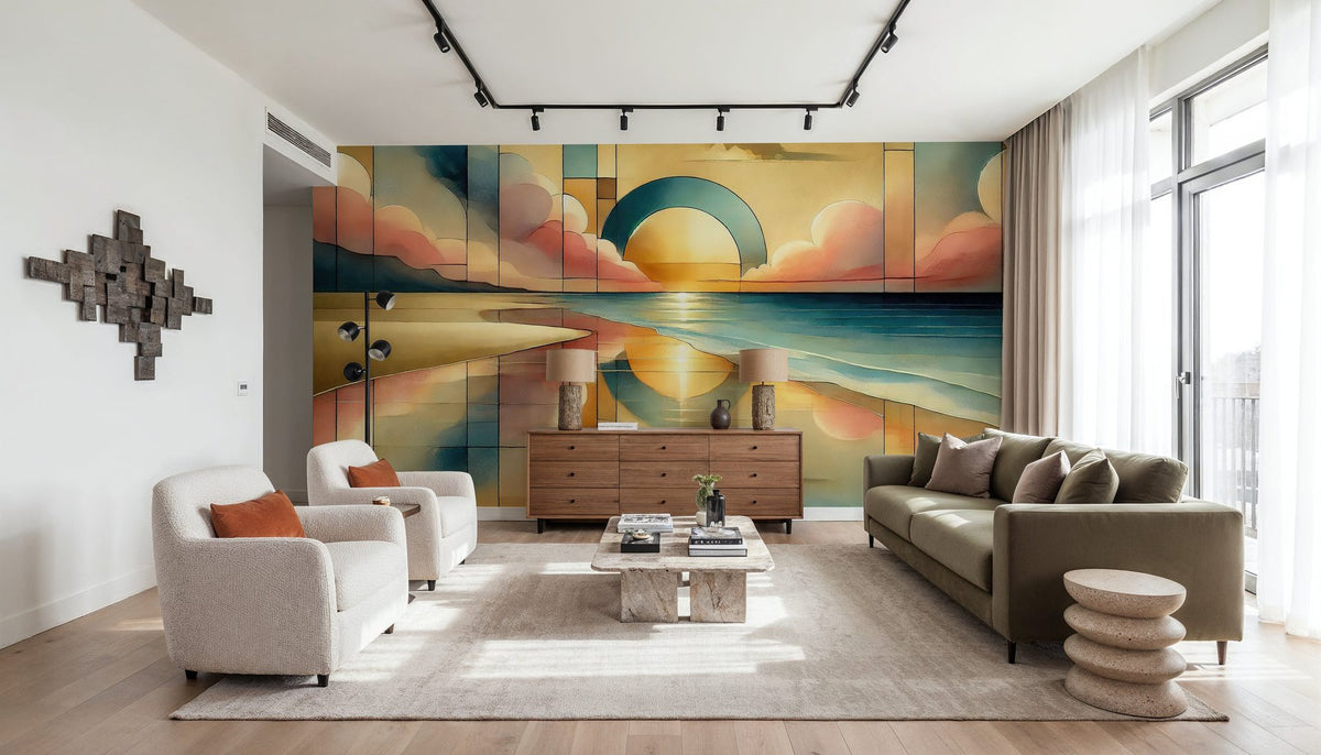 Golden Sunset Vista in Art Deco Mural Wallpaper - room preview 03