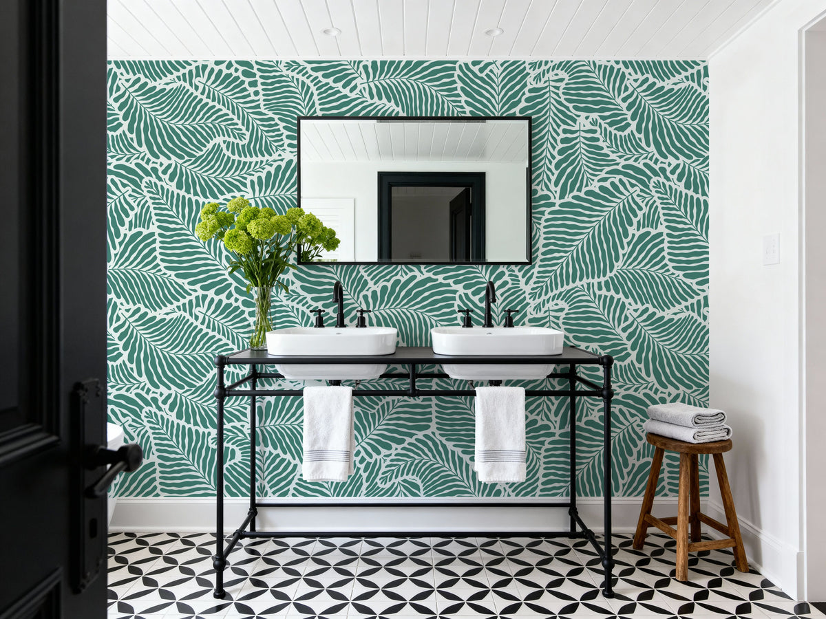 Fern Cut-Outs Pattern, Fresh Evergreen Mural Wallpaper - room preview 03