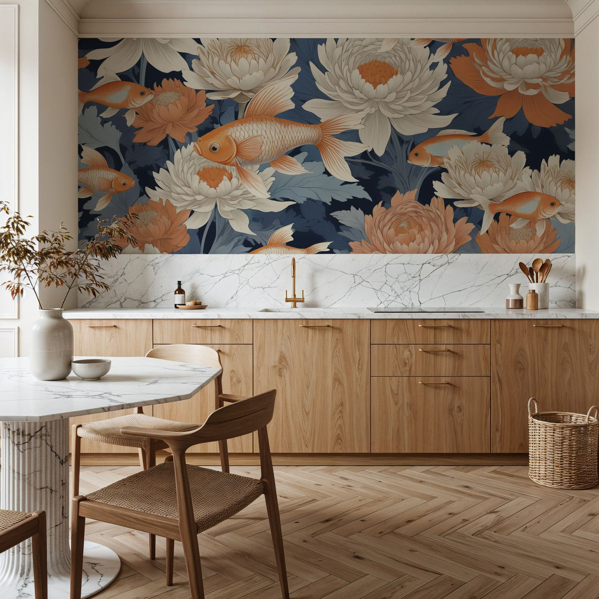Dancing Fish, Orange on Blue Mural Wallpaper - room preview 03