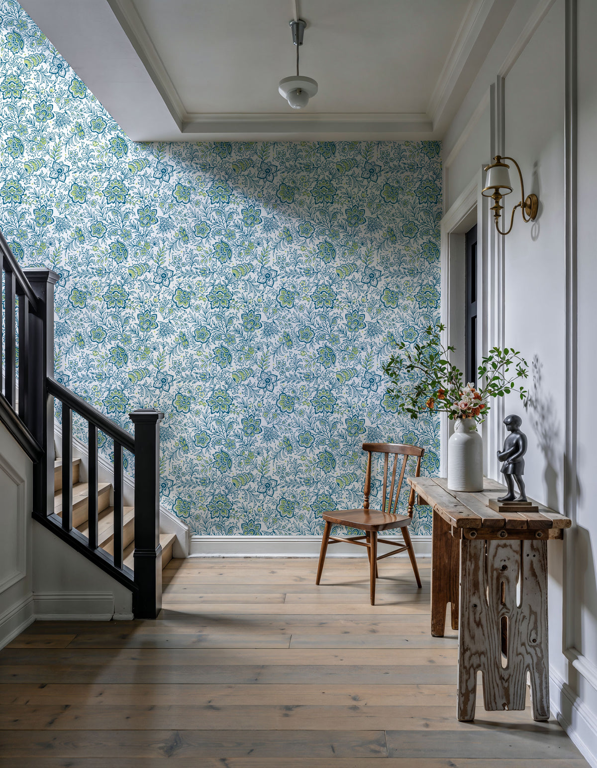 Kala Flowers Blue on White Mural Wallpaper - room preview 03