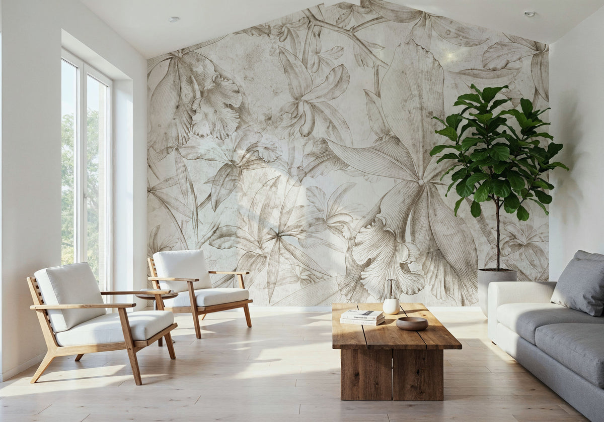 Orchids Sketch Mural Wallpaper - Light Tone - room preview 03