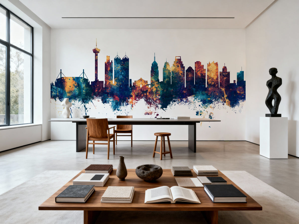 San Antonio Texas Skyline Blue & Bronze Mural Wallpaper - room preview 03