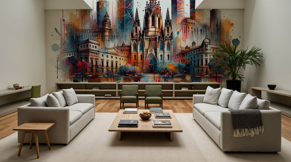 Watercolor Skyline Barcelona II Mural Wallpaper - room preview 03