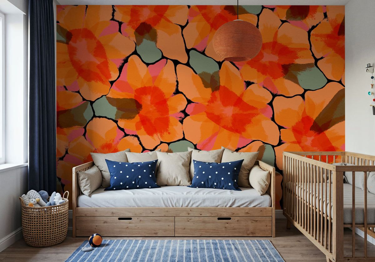 Orange Big Flowers Mural Wallpaper - room preview 03