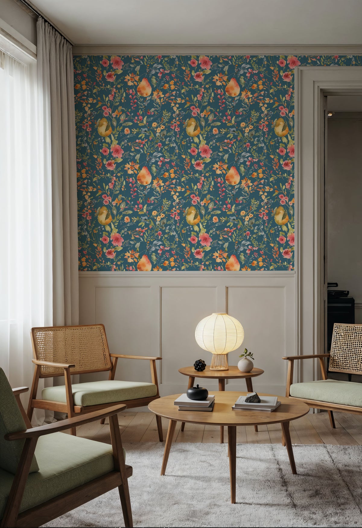Time to Share Flowers and Pears Blue Mural Wallpaper - room preview 03