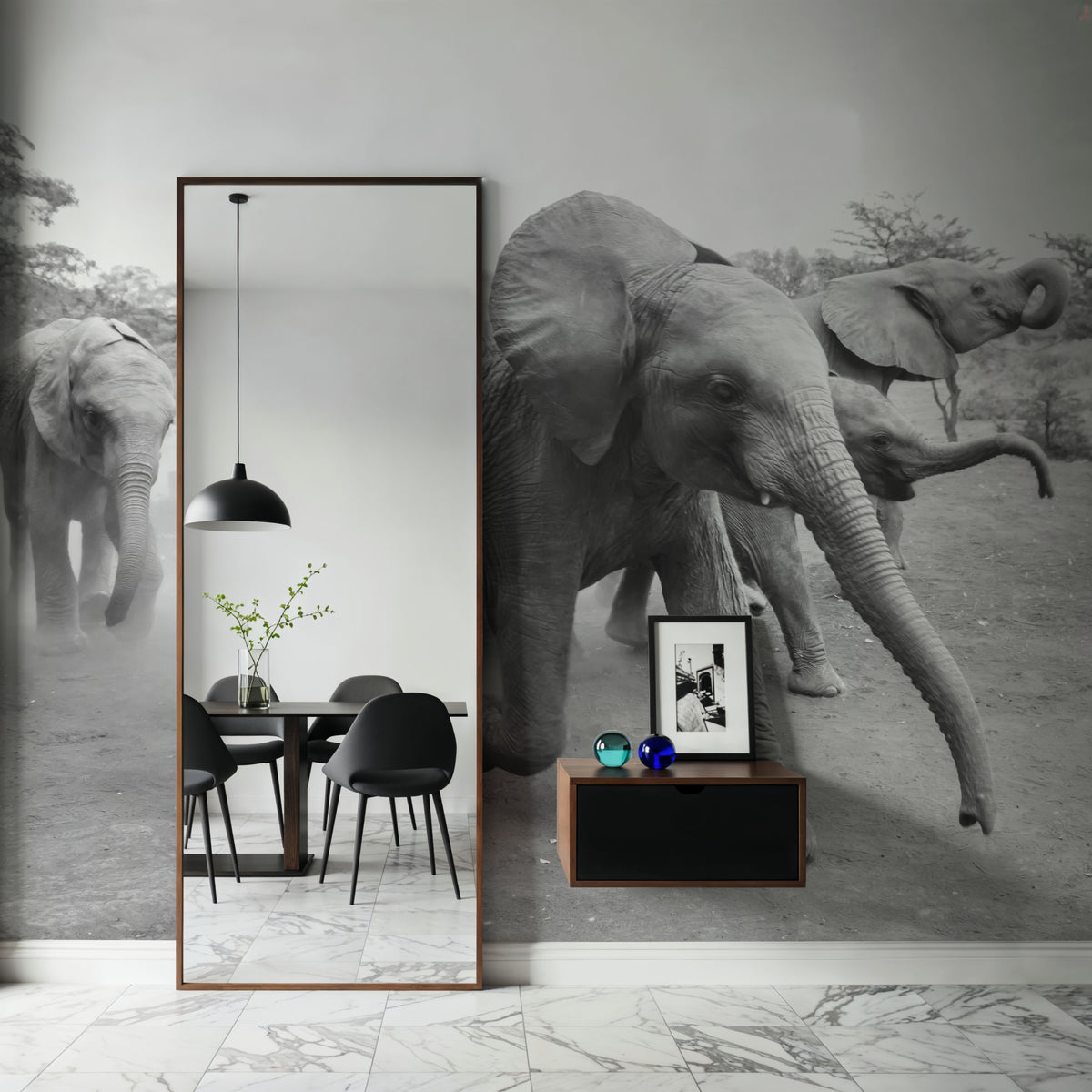 Elephant Race BW Mural Wallpaper - room preview 03