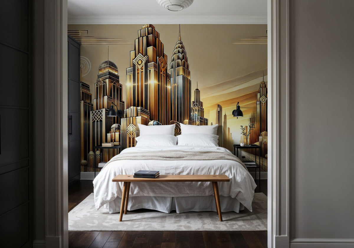 Golden City Skyline At Sunset in Art Deco Mural Wallpaper - room preview 03