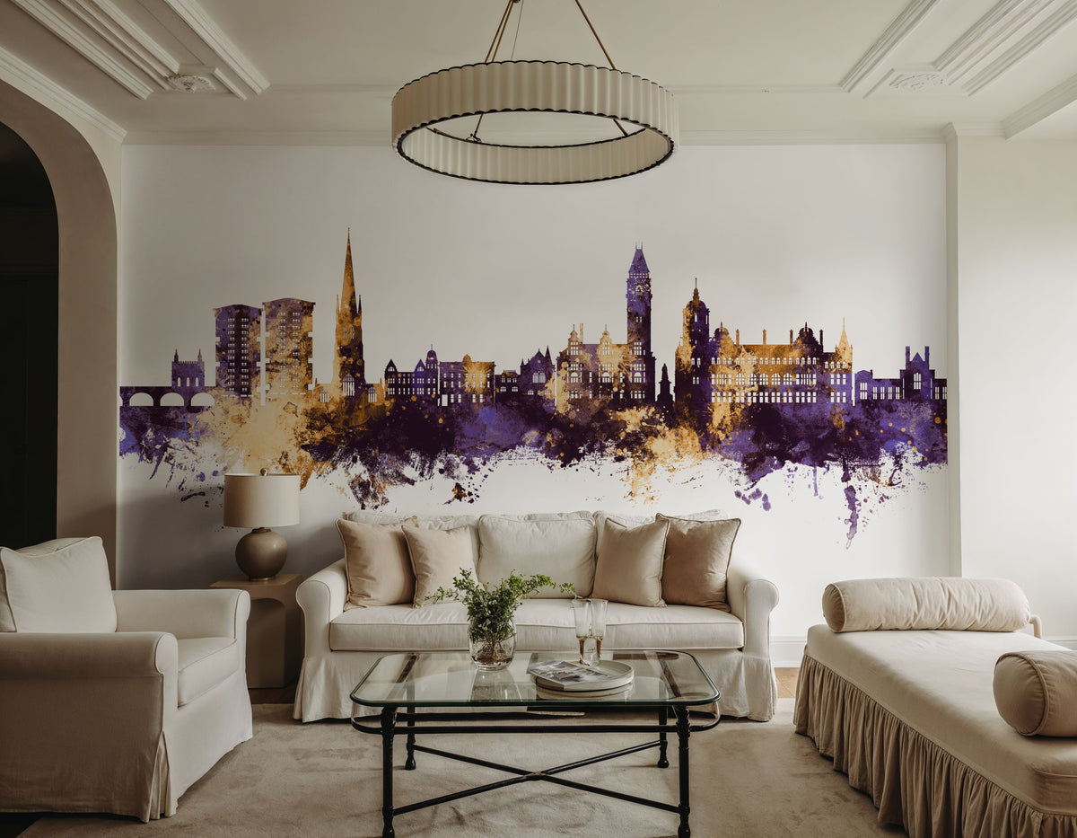 Wakefield England Skyline Purple & Gold Mural Wallpaper - room preview 03