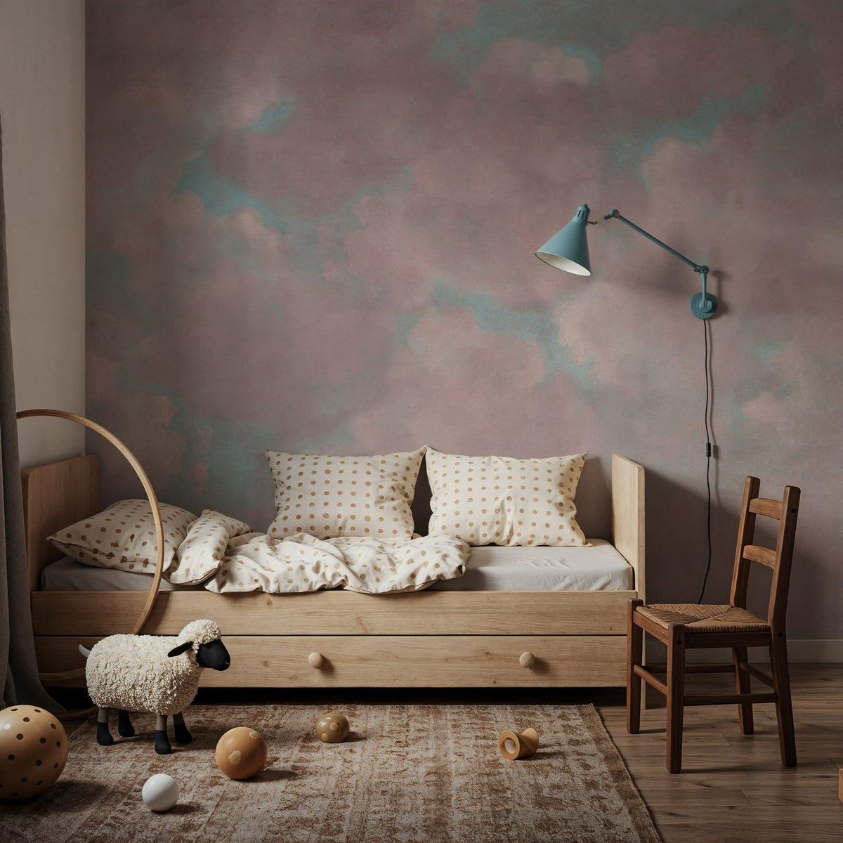 Painted Dreamy Clouds, Pink Mural Wallpaper - room preview 03