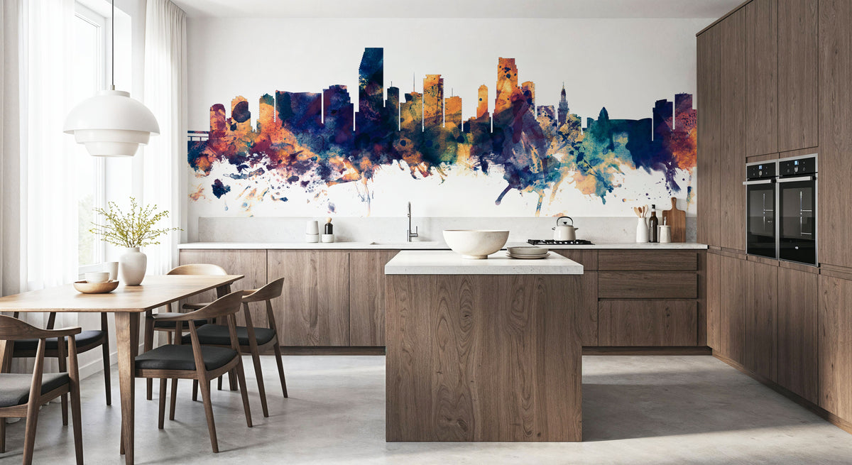 Miami Florida Skyline Blue & Bronze Mural Wallpaper - room preview 03