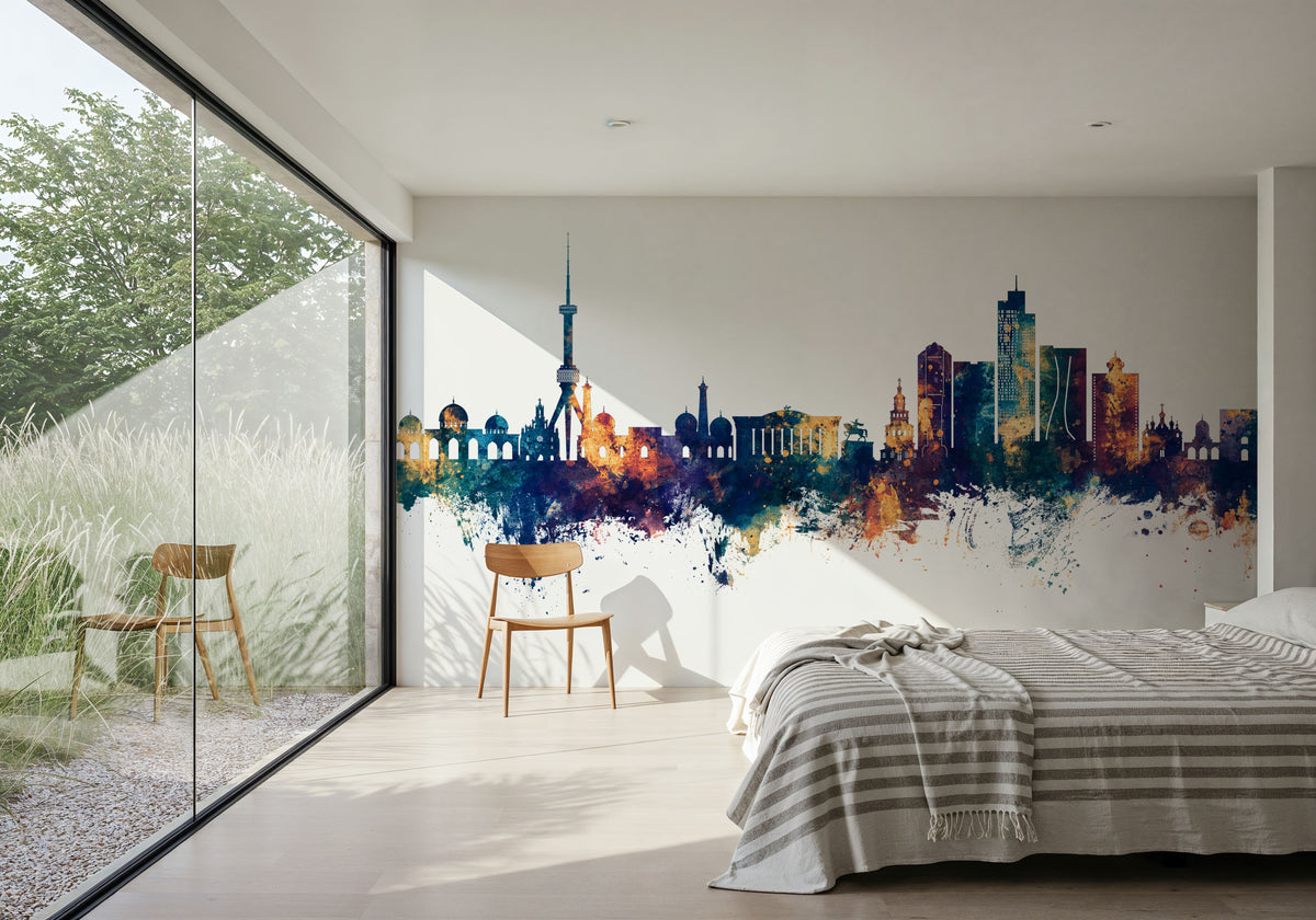 Tashkent Uzbekistan Skyline Blue & Bronze Mural Wallpaper - room preview 03