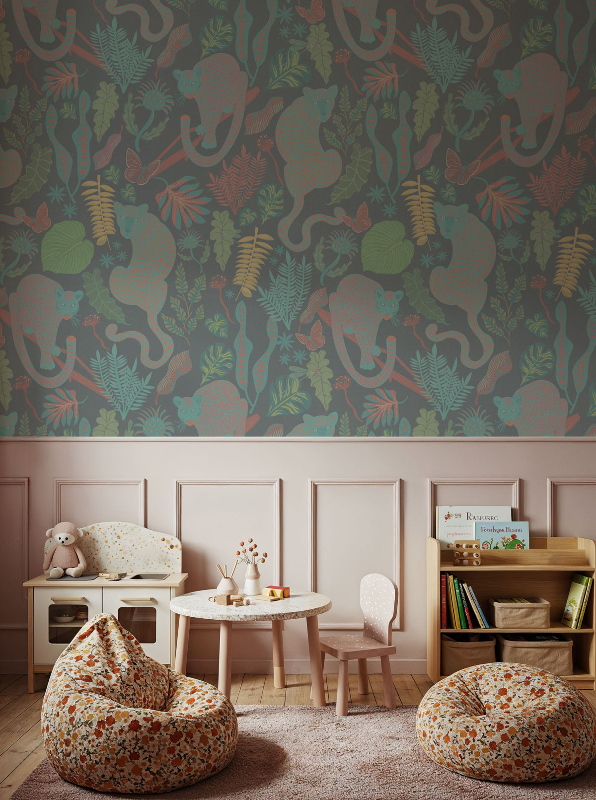 Jungle Leopards Washed Green Mural Wallpaper - room preview 03