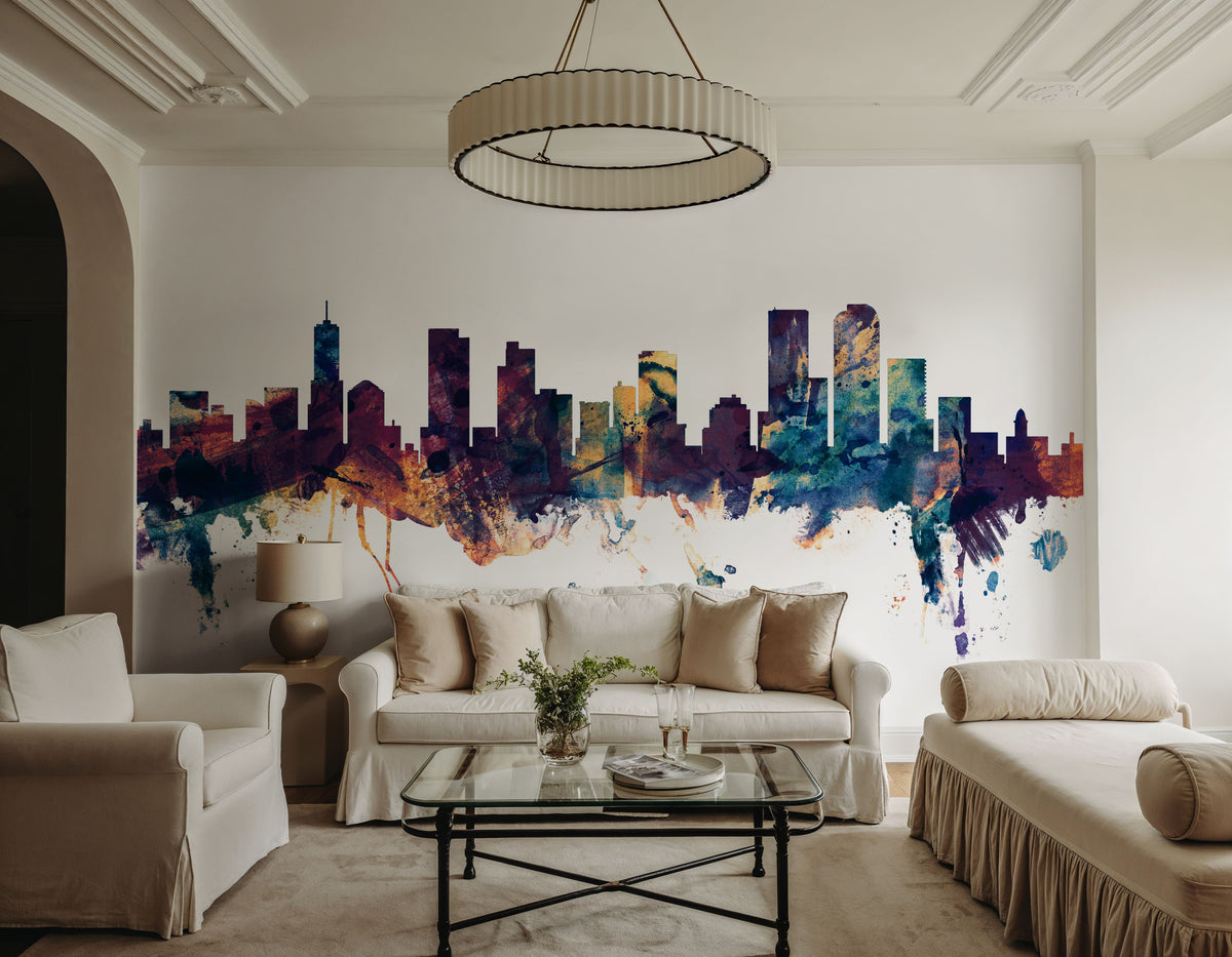 Denver Skyline Blue & Bronze Mural Wallpaper - room preview 03
