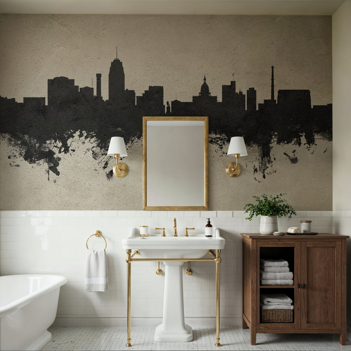 Lansing Michigan Skyline Concrete Mural Wallpaper - room preview 03