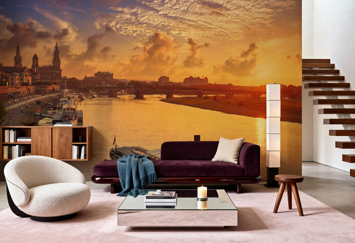Dresden and Elbe River At Sunset Mural Wallpaper - room preview 03