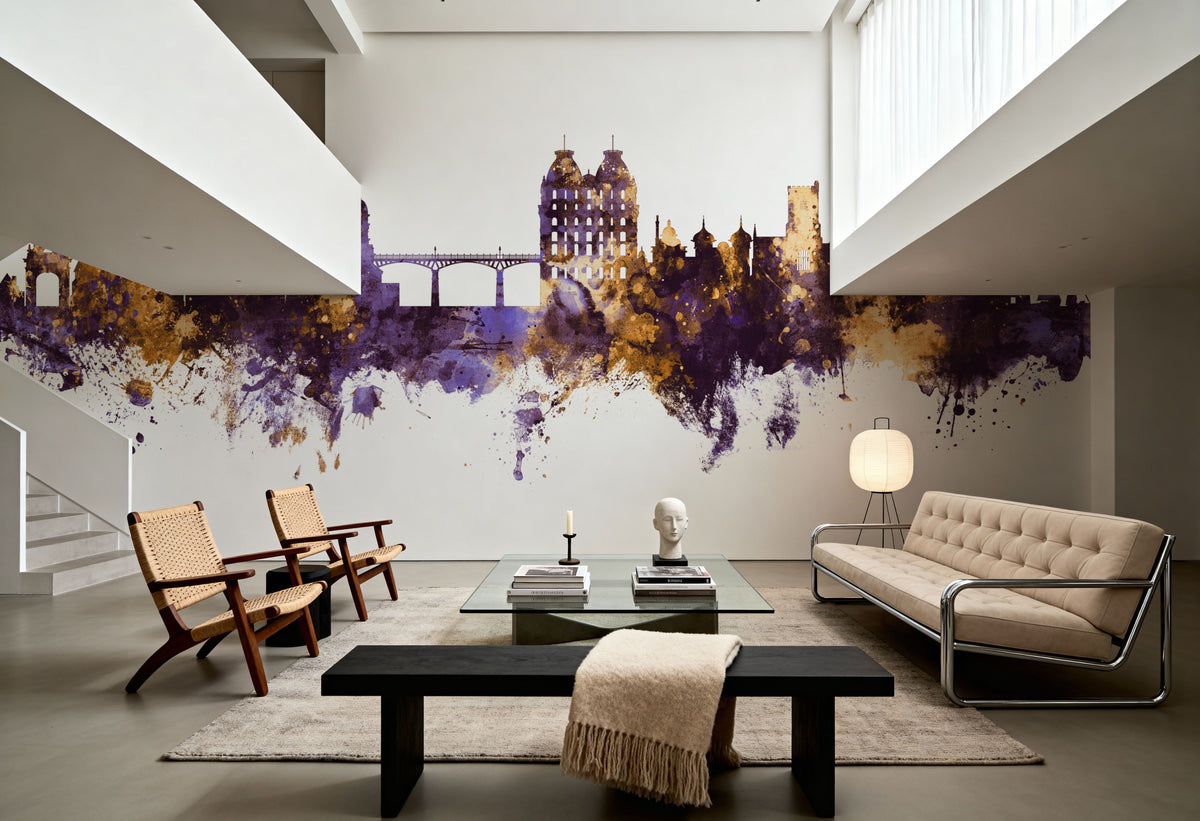 Scarborough England Skyline Purple & Gold Mural Wallpaper - room preview 03