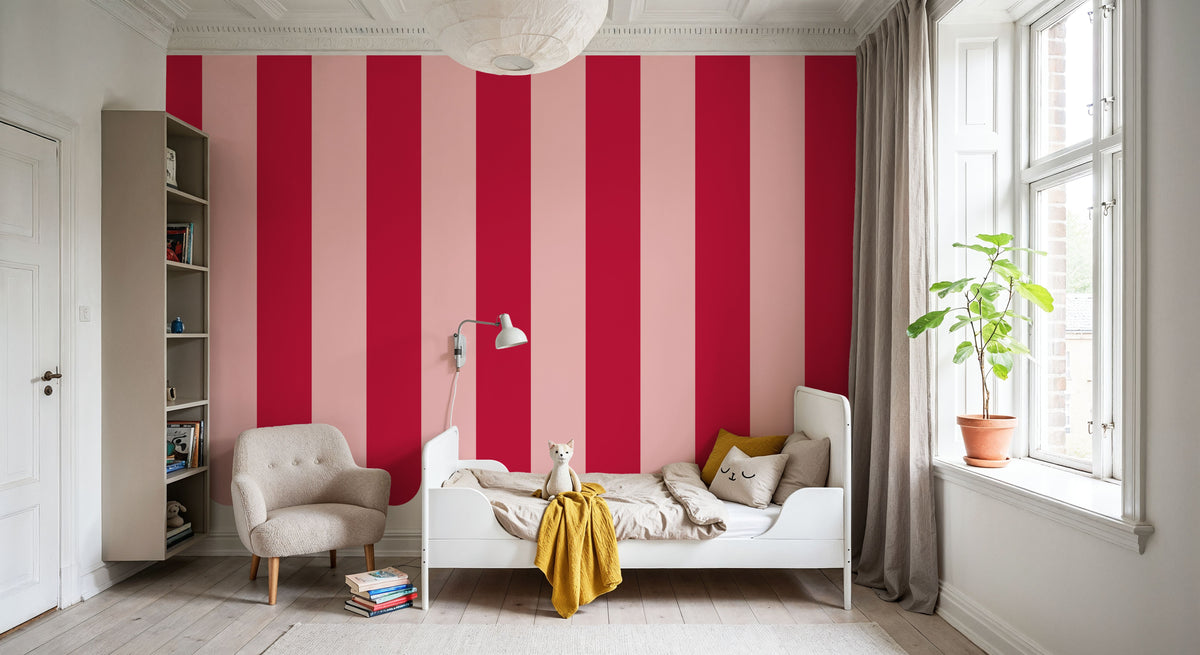 Scalloped Circus Stripes, Red on Pink Mural Wallpaper - room preview 03