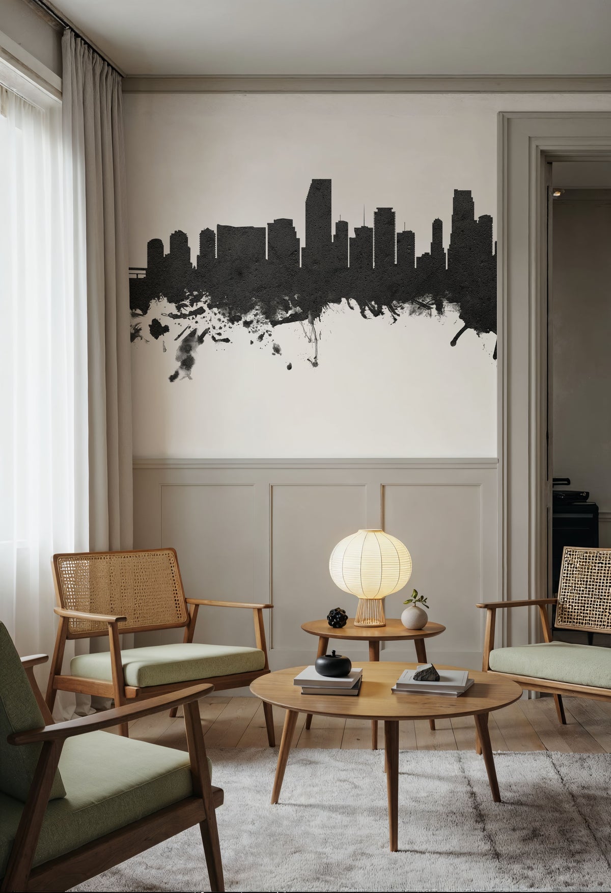Miami Florida Skyline Blck & White Mural Wallpaper - room preview 03