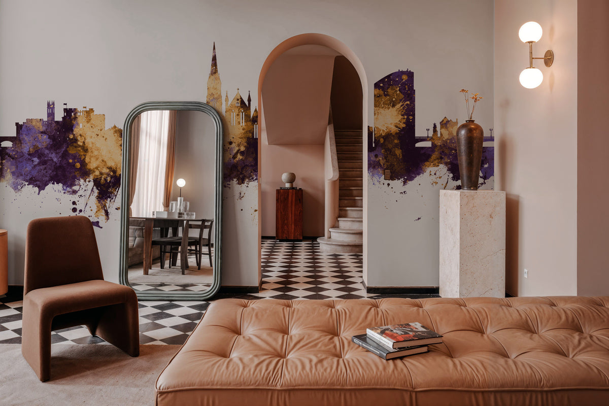 Limerick Ireland Skyline Purple & Gold Mural Wallpaper - room preview 03