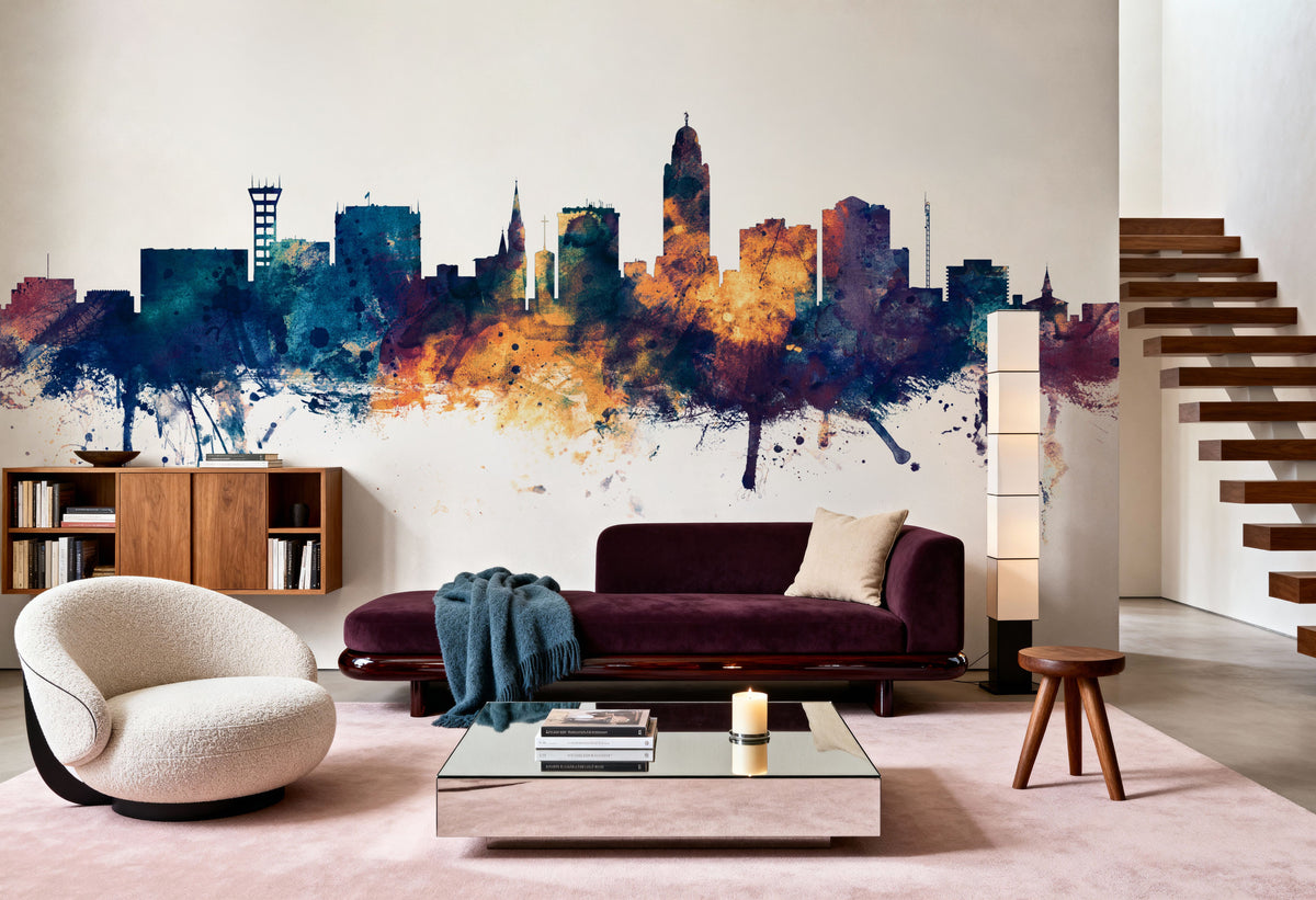 Lincoln Nebraska Skyline Blue & Bronze Mural Wallpaper - room preview 03
