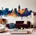 Lincoln Nebraska Skyline Blue & Bronze Mural Wallpaper - room preview 03