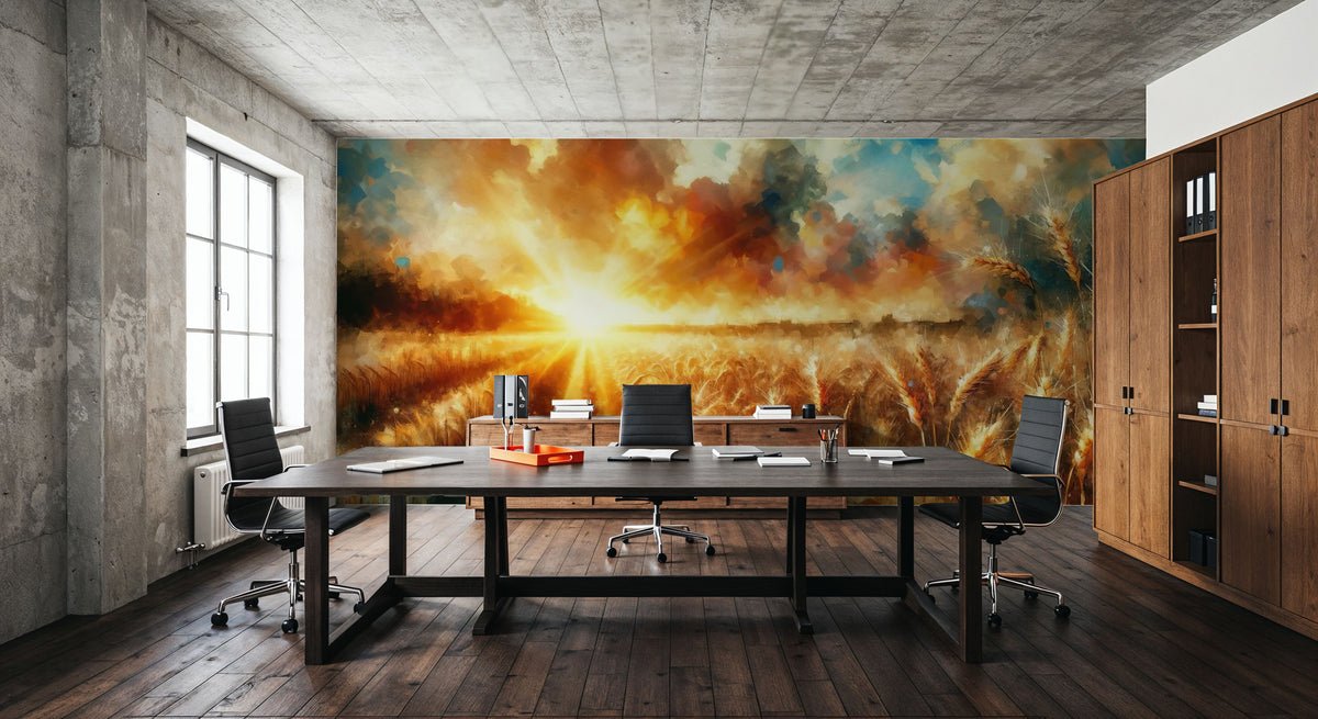 Wheat Field At Sunset with Warm Hues Mural Wallpaper - room preview 03