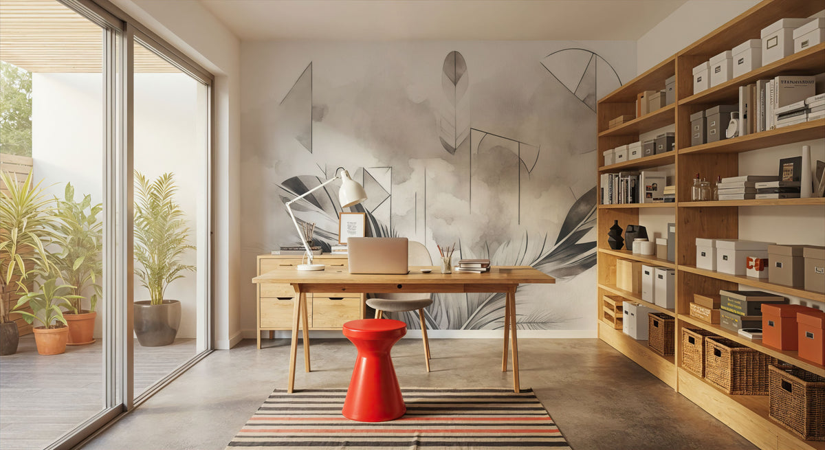 Feather Geometry Smoke Mural Wallpaper - room preview 03