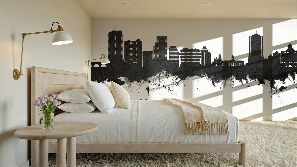Stamford Connecticut Skyline Black & White Mural Wallpaper - room preview 03