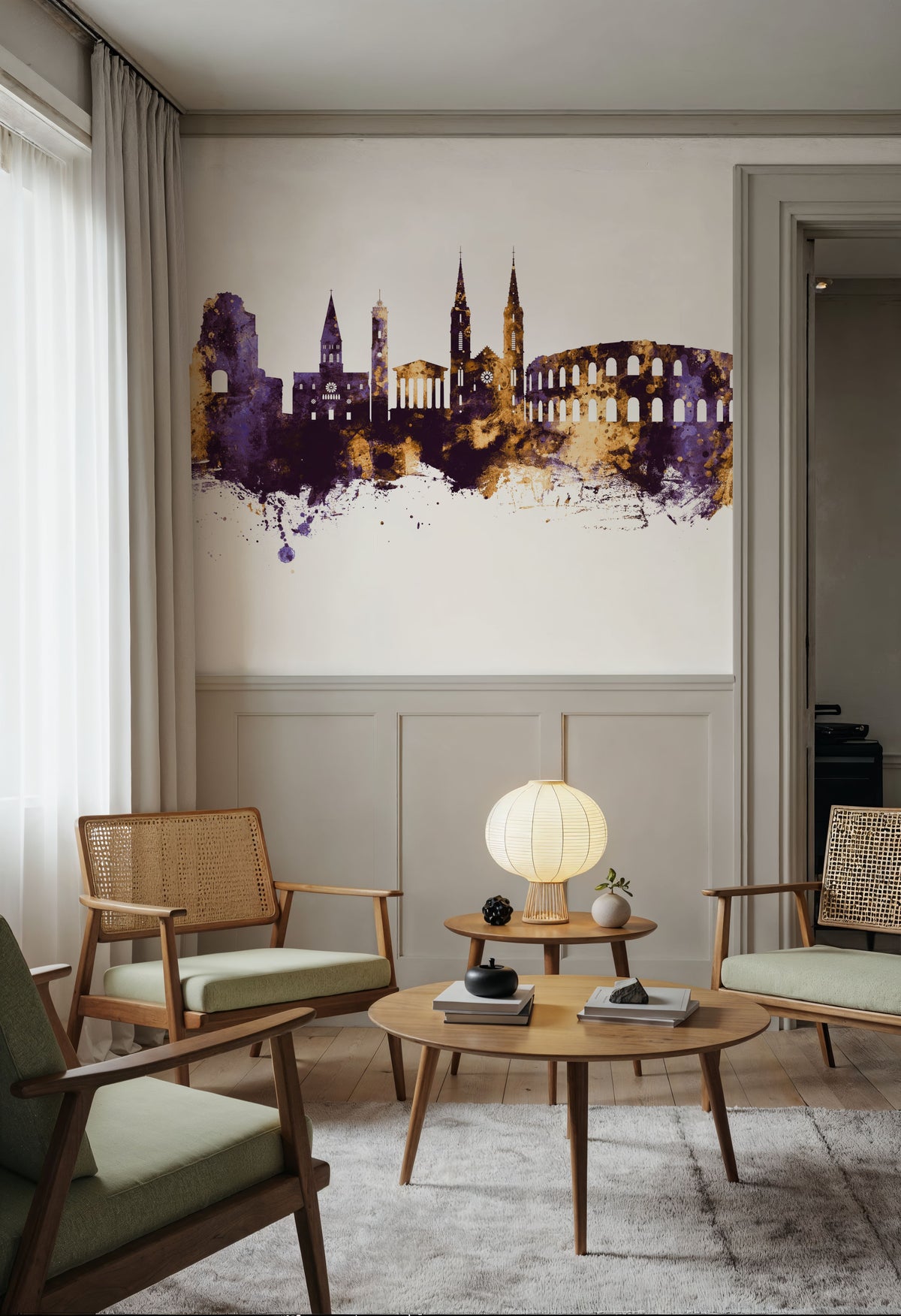 Nîmes France Skyline Purple & Gold Mural Wallpaper - room preview 03
