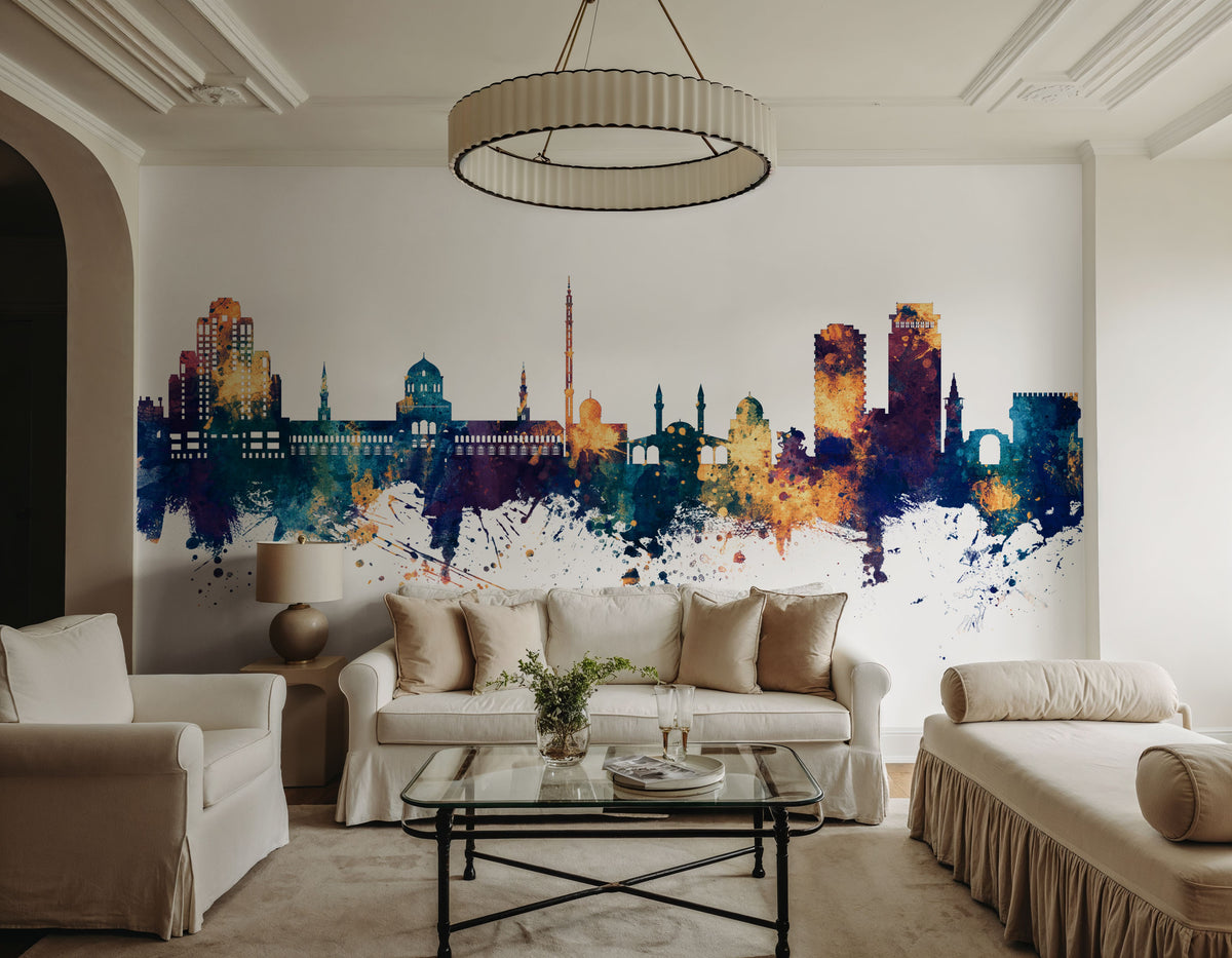 Damascus Syria Skyline Blue & Bronze Mural Wallpaper - room preview 03