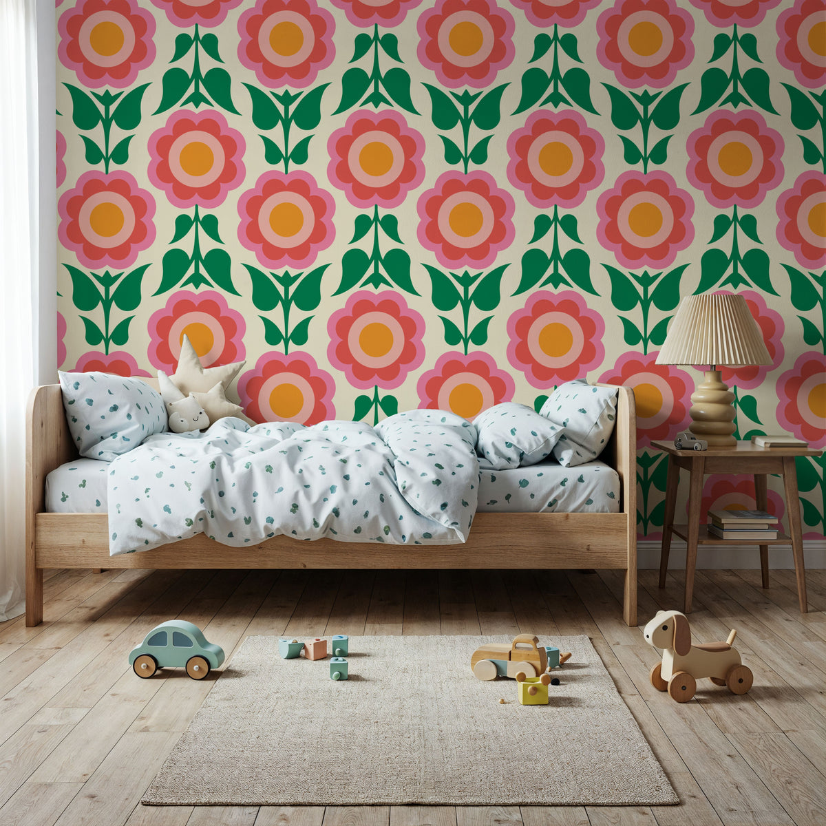 Retro Bold Blooms, Pink Mural Wallpaper - room preview 03