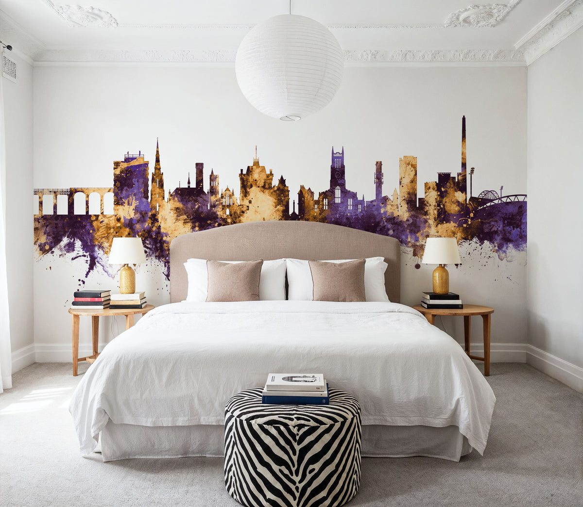 Huddersfield England Skyline Purple & Gold Mural Wallpaper - room preview 03