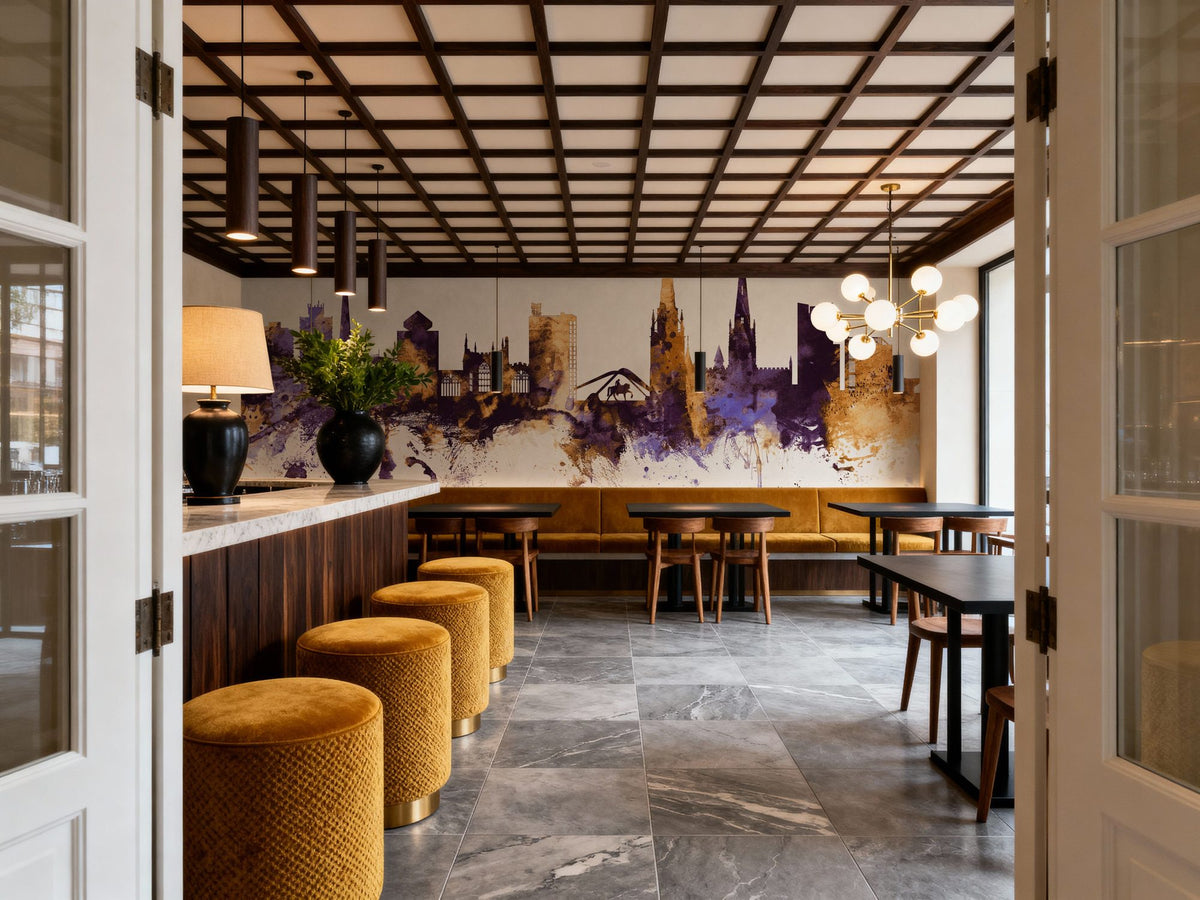 Coventry England Skyline Purple & Gold Mural Wallpaper - room preview 03