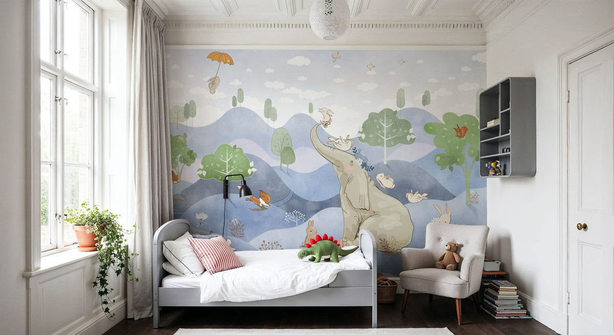 Dwellpaper Bunny Friends, Blue Mural Wallpaper image 3