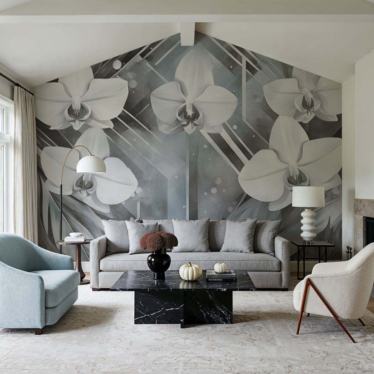 Geometry and Orchids Blue Mural Wallpaper - room preview 03