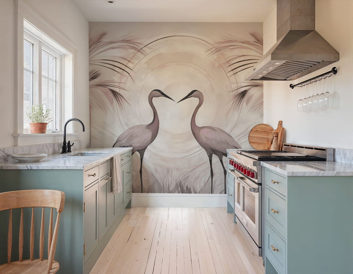 Cranes At Sunset Smoke Mural Wallpaper - room preview 03