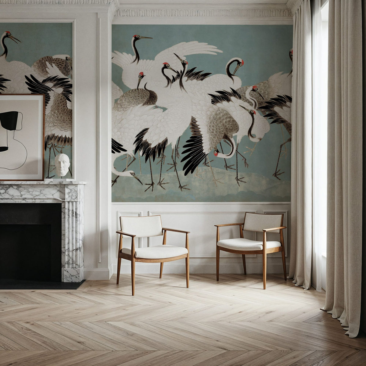 Japanese Flock of Cranes, Calm Ocean Mural Wallpaper - room preview 03